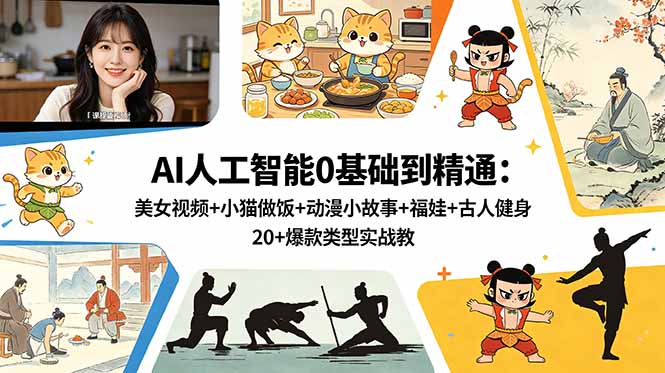 AI人工智能0基础到精通：美女视频+小猫做饭+动漫小故事+福娃+古人健身，20+爆款类型实战教学-云网创