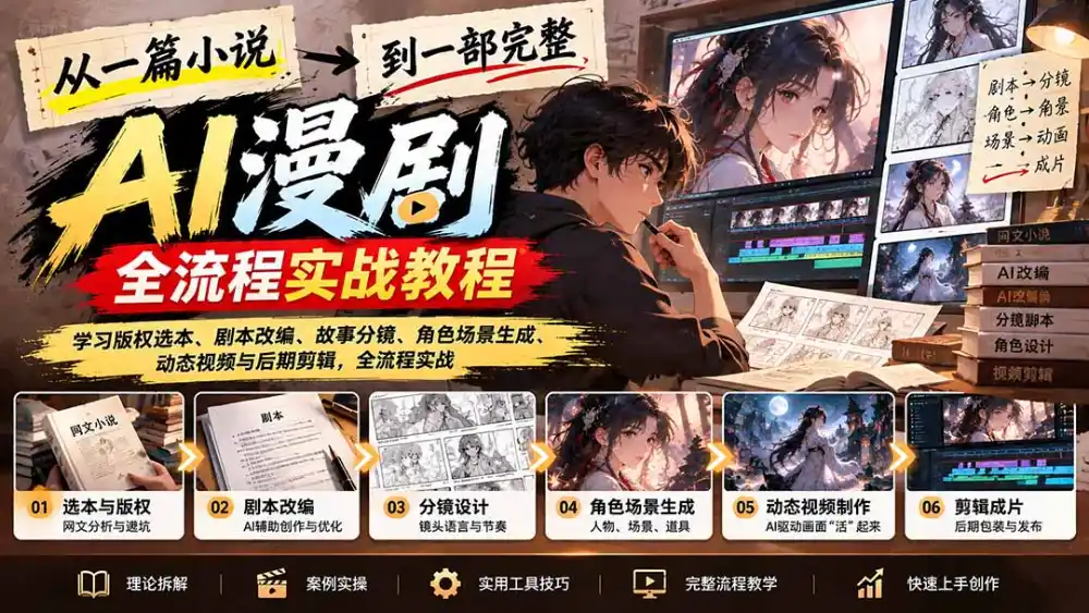 从一篇小说到一部完整AI漫剧:学习版权选本、剧本改编、故事分镜、角色场景生成、动态视频与后期剪辑-云网创