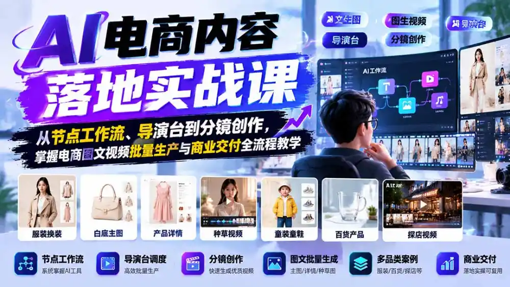 AI电商内容落地实战课:从节点工作流、导演台到分镜创作,掌握电商图文视频批量生产与商业交付全流程教学-云网创