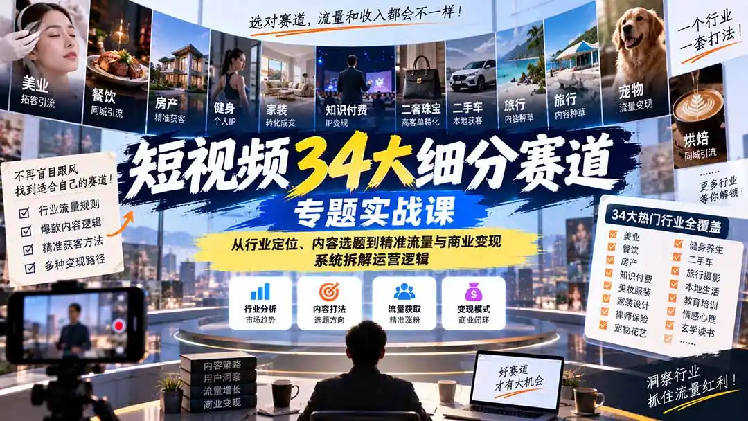 短视频34大细分赛道专题实战课:从行业定位、内容选题到精准流量与商业变现,系统拆解运营逻辑-云网创