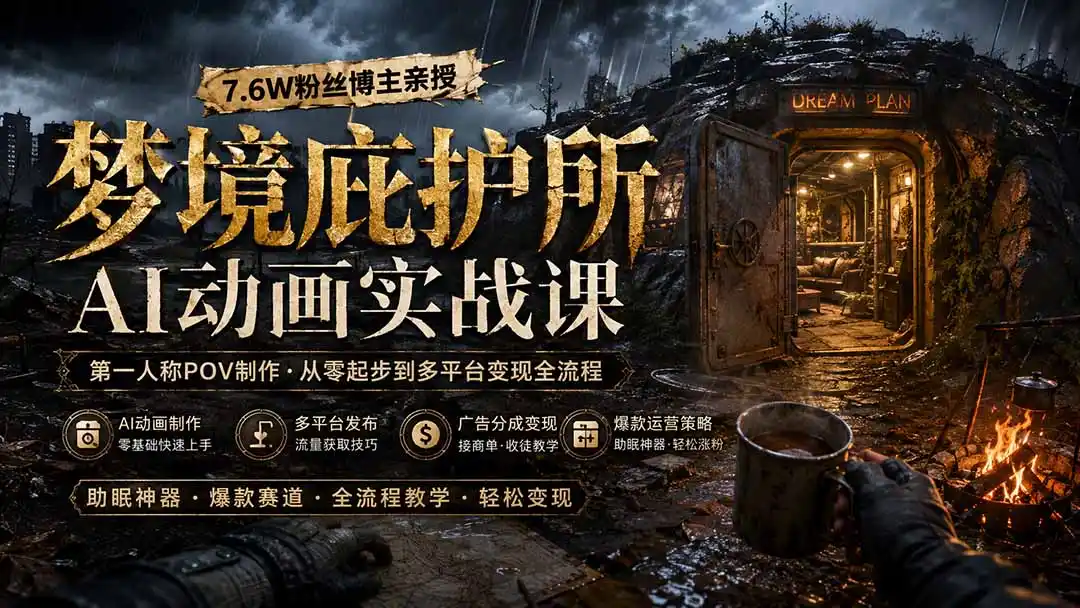 梦境庇护所AI动画实战课：7.6W粉丝博主亲授第一人称POV制作，从零起步到多平台发布变现全流程-云网创
