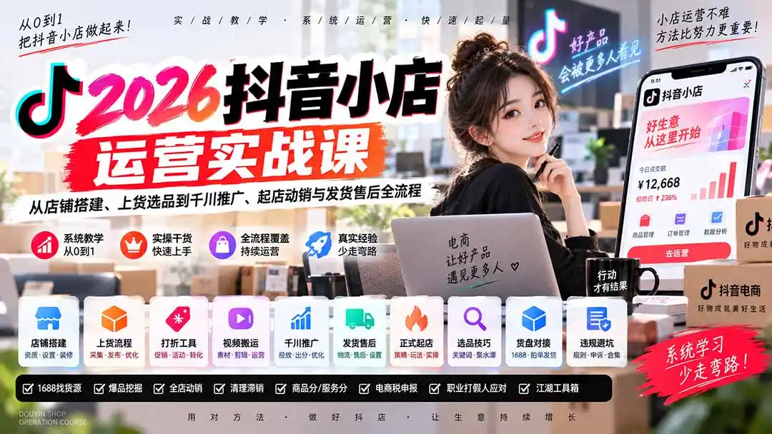 2026抖音小店运营实战课｜从店铺搭建、上货选品到千川推广、起店动销与发货售后全流程-云网创