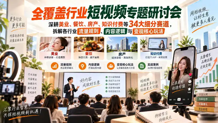 短视频专题研讨会，深耕美业、餐饮、房产、知识付费等34大细分赛道，拆解各行业流量规则、内容逻辑与变现核心玩法(更新1011)-云网创
