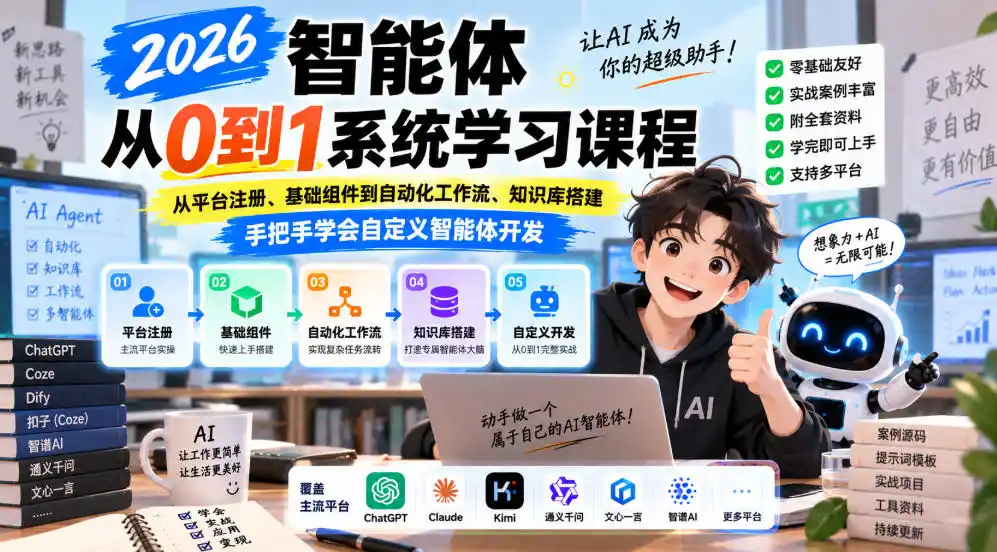 2026智能体从0到1系统学习课程，从平台注册、基础组件到自动化工作流、知识库搭建，手把手学会自定义智能体开发-云网创