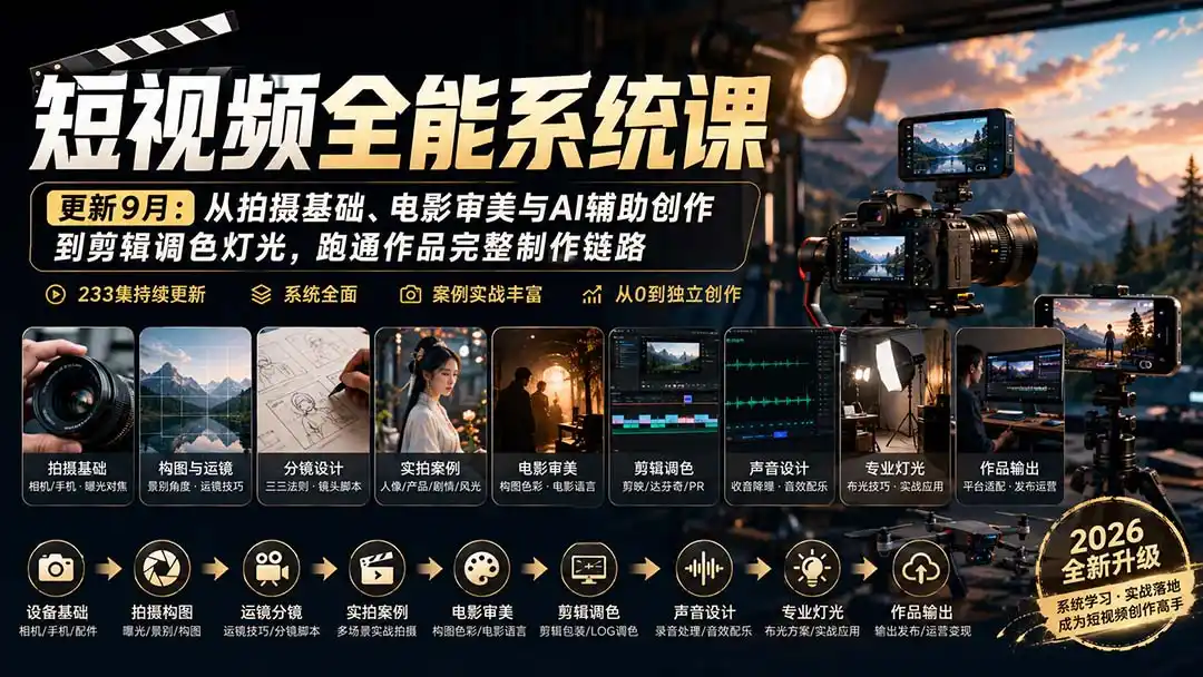 短视频全能系统课-9月完整版:从拍摄基础、电影审美与AI辅助创作到剪辑调色灯光,跑通作品完整制作链路-云网创