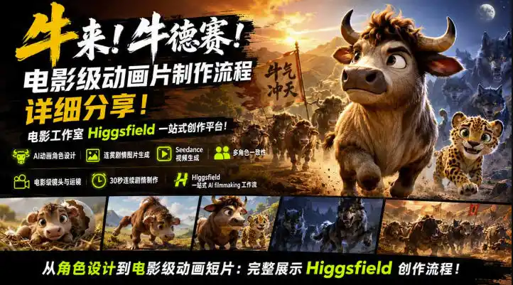 牛来！牛德赛！电影级动画片制作流程详细分享！电影工作室Higgsfield一站式创作平台，完整创作流程-云网创
