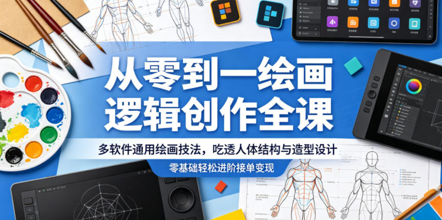 从零到一绘画逻辑创作全课，多软件通用绘画技法，吃透人体结构与造型设计，零基础轻松进阶接单变现-云网创