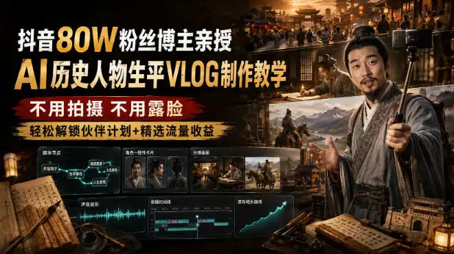 抖音80W粉丝博主的AI历史人物生平VLOG教学，不用拍摄不用露脸，AI帮你搞定，轻松解锁伙伴计划+精选收益-云网创