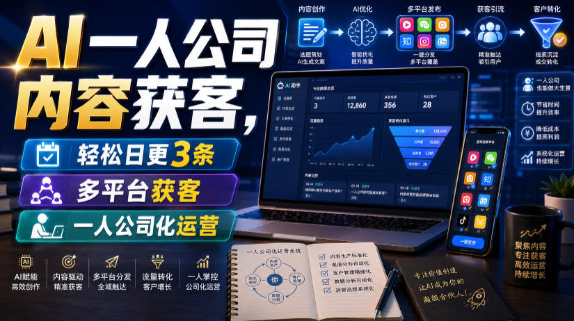 AI一人公司内容获客,轻松日更3条,多平台获客,一人公司化运营