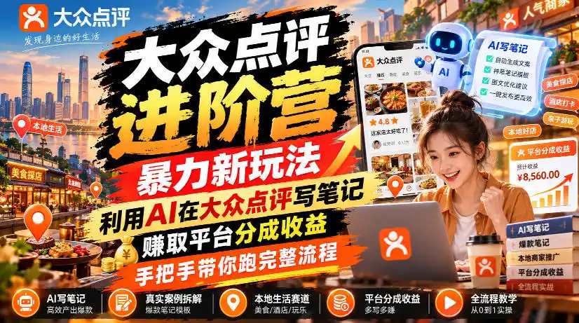 大众点评进阶营,暴力新玩法,利用AI在大众点评写笔记, 賺取平台分成收益,手把手带你跑完整流程-云网创