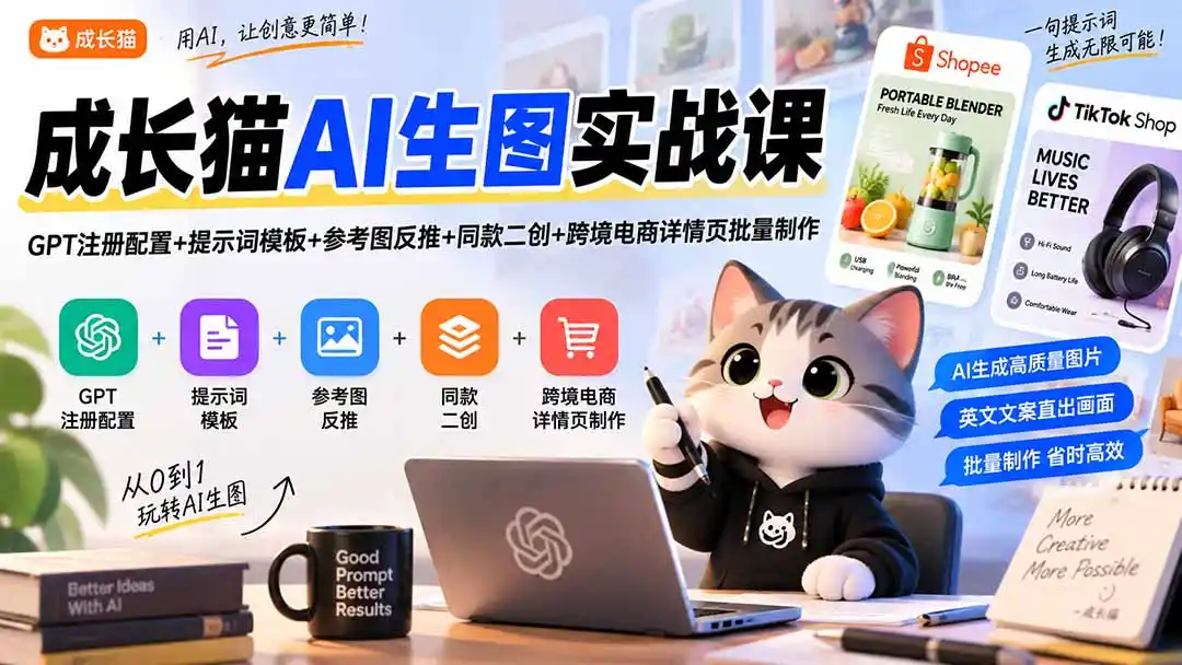 成长猫AI生图实战课|GPT注册配置+提示词模板+参考图反推+同款二创+跨境电商详情页批量制作-云网创