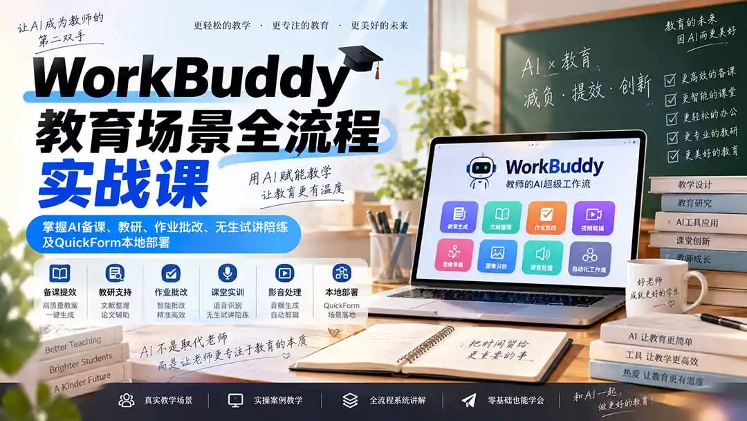 WorkBuddy教育场景全流程实战课:掌握AI备课、教研、作业批改、无生试讲陪练及QuickForm本地部署-云网创
