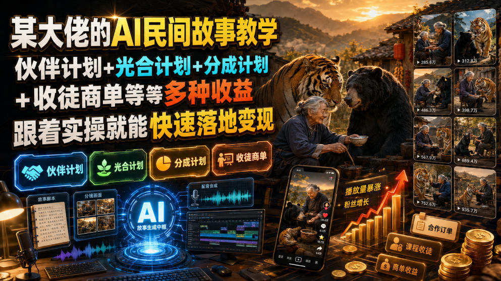 某大佬的AI民间故事教学，伙伴计划+光合计划+分成计划+收徒商单等多种收益，跟着实操就能快速落地变现-云网创