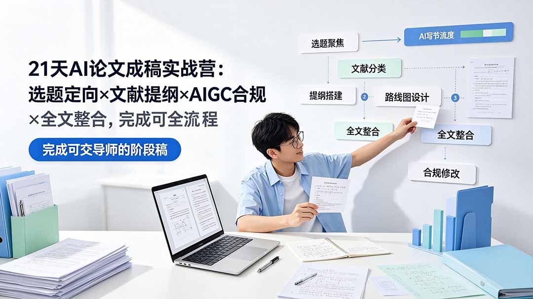 21天AI论文成稿实战营：选题定向×文献提纲×AIGC合规×全文整合，完成可交导师的阶段稿-云网创