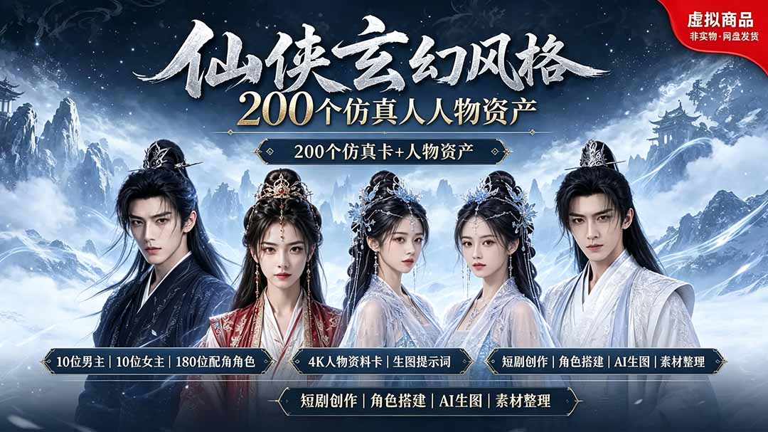 200个仙侠玄幻仿真人素材◆10男主×10女主×180配角，4K资料卡+AI生图提示词，漫剧必备-云网创