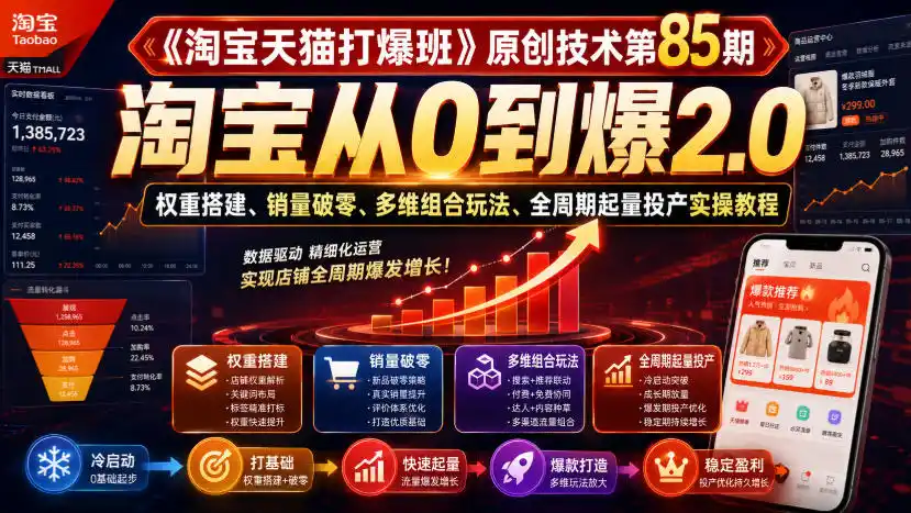 《淘宝天猫打爆班》原创技术第85期，淘宝从0到爆2.0，权重搭建、销量破零、多维组合玩法、全周期起量投产实操教程-云网创