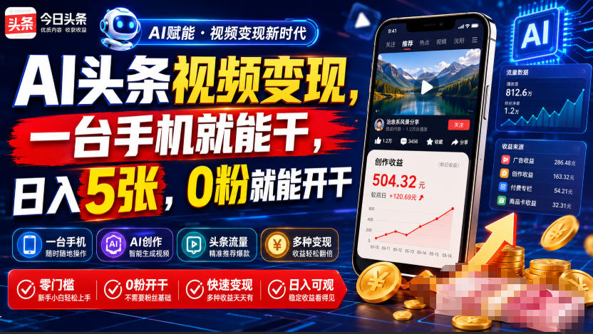 AI头条视频变现，一台手机就能干，日入5张，0粉就能开干-云网创