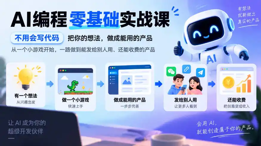 AI编程零基础实战课,不用会写代码,把你的想法,做成能用的产品,从一个小游戏开始,一路做到能发给别人用、还能收费的产品-云网创
