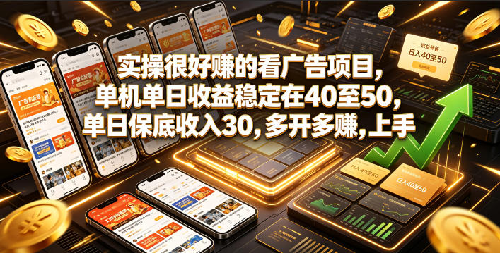 实操很好賺的看广告项目，单机单日收益稳定在40至50，单日保底收入30，多开多賺，上手就能变现【揭秘】-云网创