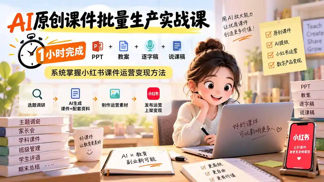 AI原创课件批量生产实战课：1小时完成PPT+教案+逐字稿+说课稿，系统掌握小红书课件运营变现方法-云网创