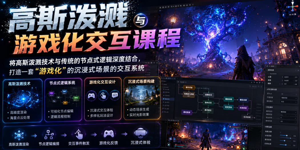 高斯泼溅与游戏化交互课程，将高斯泼溅技术与传统的节点式逻辑深度结合，打造一套“游戏化”的沉浸式场景的交互系统-云网创