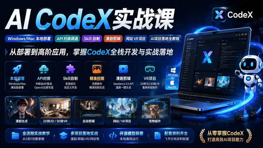 AI CodeX实战课|Windows/Mac 本地部署|API 对接调通|Skill 自制|漫剧剪辑|网站 VR 项目|AI项目落地全教程-云网创