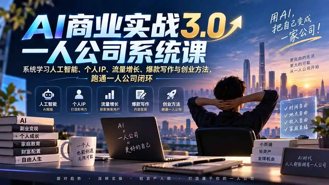 AI商业实战3.0一人公司系统课:系统学习人工智能、个人IP、流量增长、爆款写作与创业方法,跑通一人公司闭环-云网创