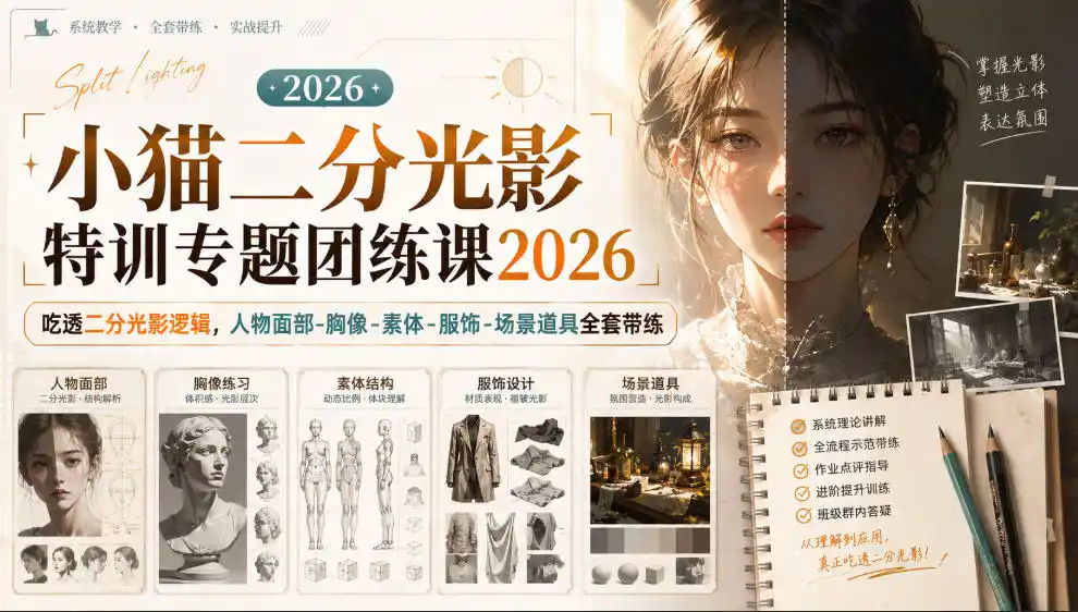 小猫二分光影特训专题团练课2026|吃透二分光影逻辑,人物面部‑胸像‑素体‑服饰‑场景道具全套带练,高清画质附赠课件与笔刷-云网创