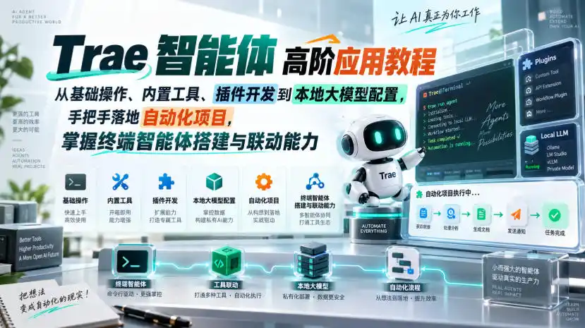 Trae智能体高阶应用教程，从基础操作、内置工具、插件开发到本地大模型配置，手把手落地自动化项目-云网创