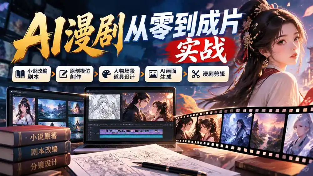 AI漫剧从零到成片实战：小说改编剧本、原创模仿创作、人物场景道具设计、AI画面生成与漫剧剪辑-云网创