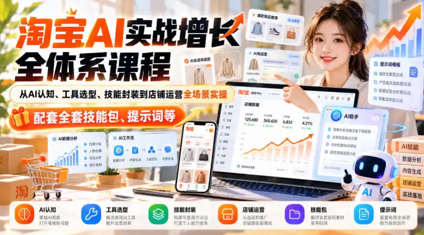淘宝AI实战增长全体系课程，从AI认知、工具选型、技能封装到店铺运营全场景实操，配套全套技能包、提示词等-云网创