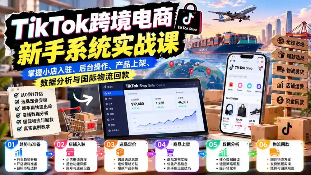 TikTok跨境电商新手系统实战课:掌握小店入驻、后台操作、产品上架、数据分析与国际物流回款-云网创