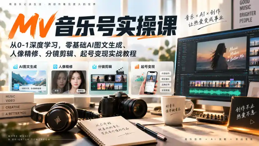AI MV音乐号实操课,从0-1深度学习,零基础AI图文生成、人像精修、分镜剪辑、起号变现实战教程-云网创