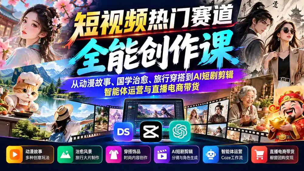 短视频热门赛道全能创作课：从动漫故事、国学治愈、旅行穿搭到AI短剧剪辑、智能体运营与直播电商带货-云网创