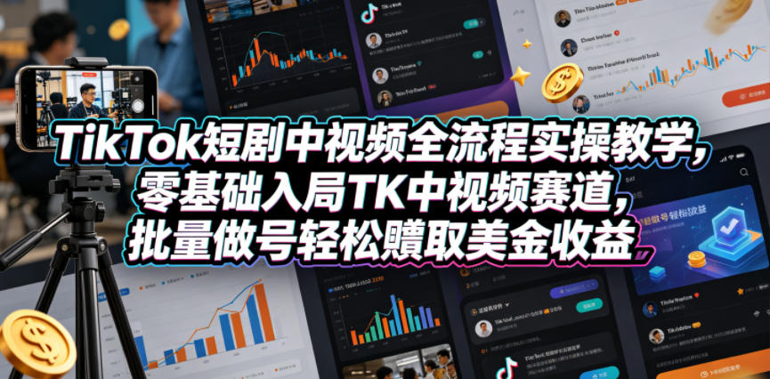 TikTok短剧中视频全流程实操教学，零基础入局TK中视频赛道，批量做号轻松賺取美金收益-云网创
