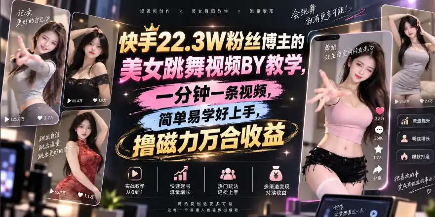 快手22.3W粉丝博主的美女跳舞视频搬运教学,快手MT搬运,一分钟一条视频,简单易学好上手,撸磁力万合收益-云网创