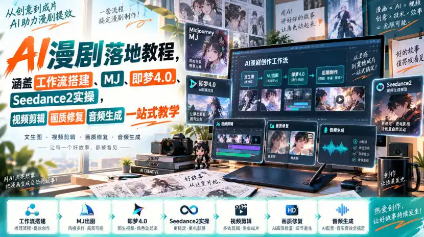 AI漫剧落地教程，涵盖工作流搭建、MJ、即梦4.0、Seedance2实操，视频剪辑画质修复音频生成一站式教学-云网创
