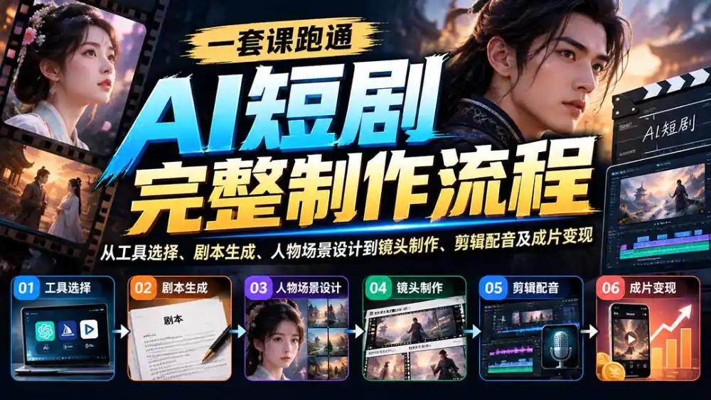 一套课跑通AI短剧完整制作流程:从工具选择、剧本生成、人物场景设计到镜头制作、剪辑配音及成片变现-云网创