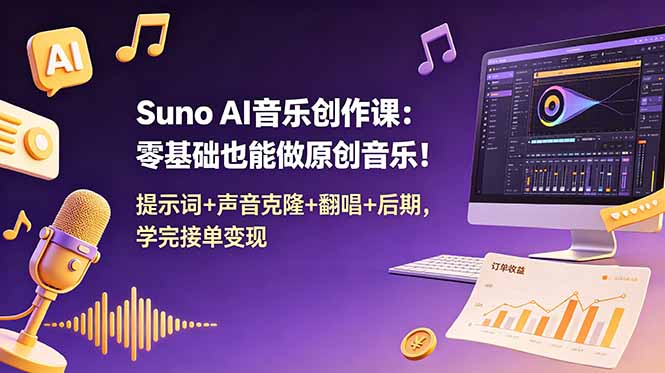 Suno AI音乐创作课：零基础也能做原创音乐！提示词+声音克隆+翻唱+后期，学完接单变现-云网创