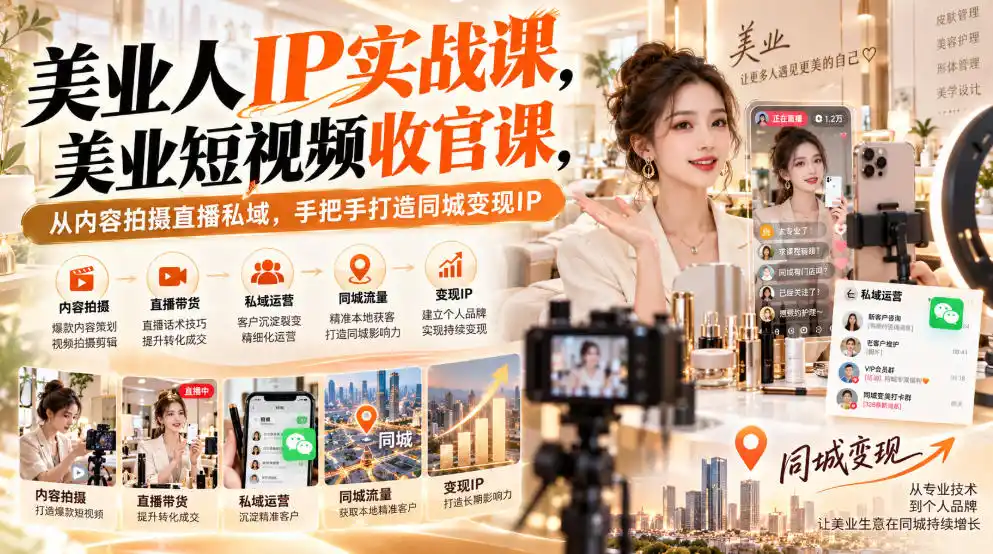 【无水印】美业人IP实战课,美业短视频收官课,从内容拍摄直播私域,手把手打造同城变现IP-云网创