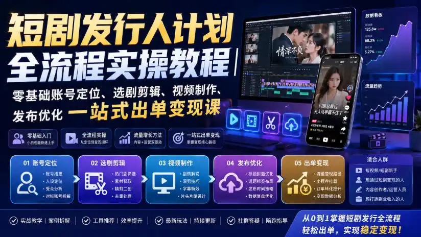 短剧发行人计划全流程实操教程｜零基础账号定位、选剧剪辑、视频制作、发布优化一站式出单变现课-云网创