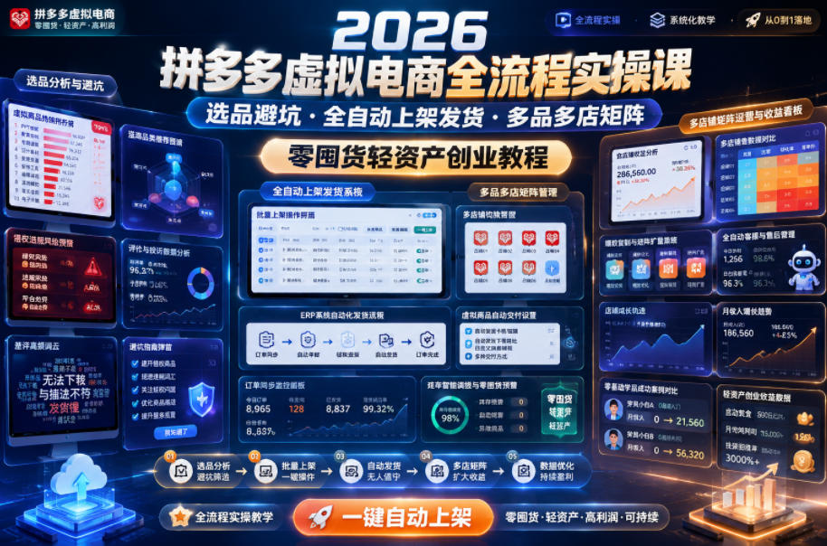 2026拼多多虚拟电商全流程实操课，选品避坑・全自动上架发货・多品多店矩阵，零囤货轻资产创业教程-云网创