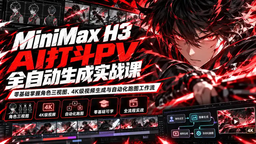 MiniMax H3 AI打斗PV全自动生成实战课：零基础掌握角色三视图、4K级视频生成与自动化跑图工作流-云网创