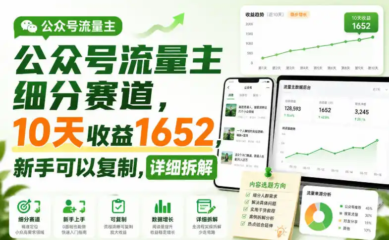 公众号流量主细分赛道，10天收益1652，新手可以复制，详细拆解-云网创