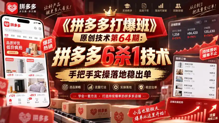 《拼多多打爆班》原创技术第64期：拼多多6杀1技术，手把手实操落地稳出单-云网创
