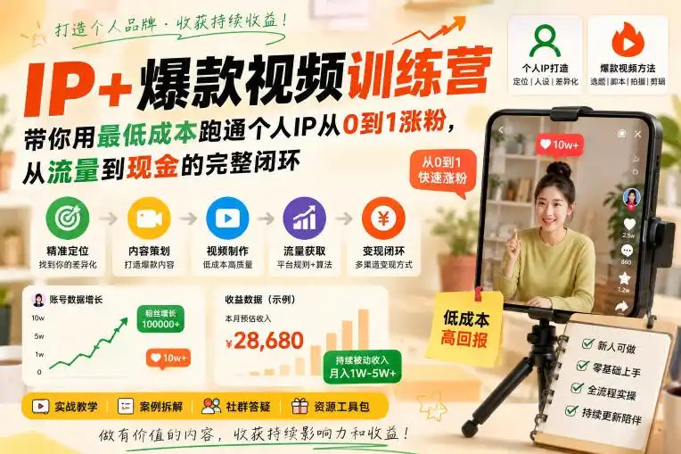 IP+爆款视频训练营,带你用最低成本跑通个人IP从0到1涨粉,从流量到现金的完整闭环-云网创