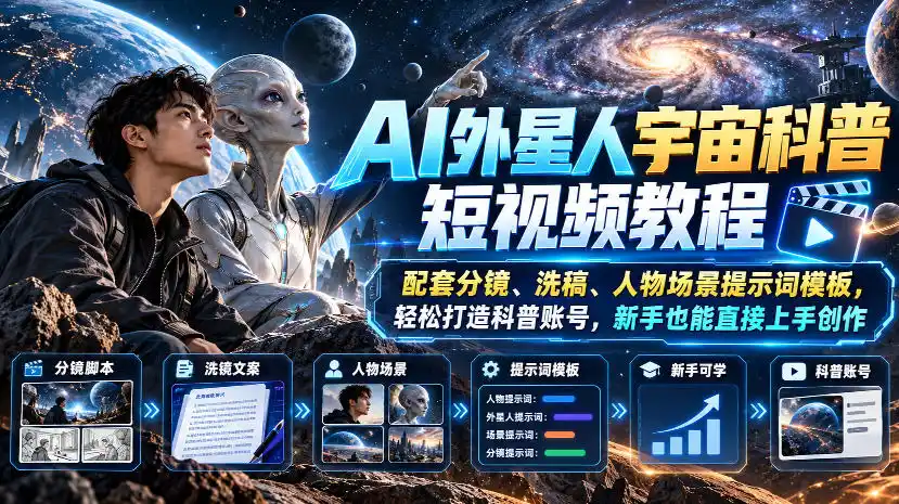 AI外星人宇宙科普短视频教程,配套分镜、洗稿、人物场景提示词模板,轻松打造科普账号,新手也能直接上手创作-云网创