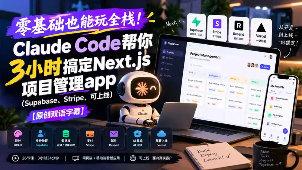 零基础也能玩全栈！Claude Code帮你3小时搞定Next.js项目管理app(Supabase、Stripe、可上线-云网创