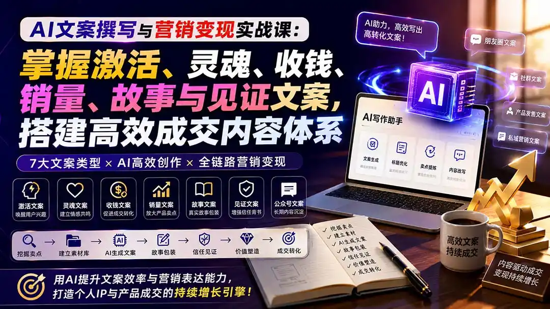 AI文案撰写与营销变现实战课:掌握激活、灵魂、收钱、销量、故事与见证文案,搭建高效成交内容体系-云网创