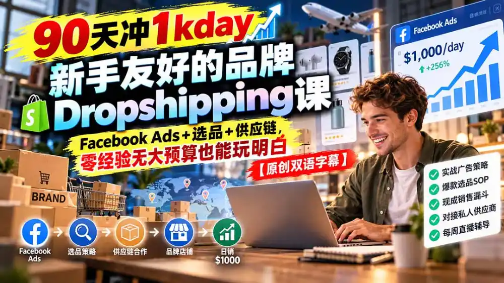 90天冲1kday 新手友好的品牌Dropshipping课:Facebook Ads+选品+供应链,零经验无大预算也能玩明白【原创双语字幕】-云网创